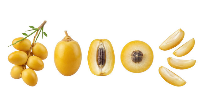 A visually appealing arrangement of ripe yellow sapodilla fruits displayed on a black background, showcasing whole fruit, half fruit, and sliced segments for detailed examination