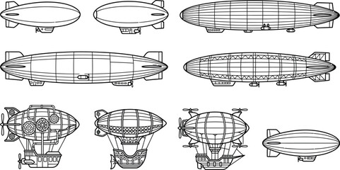 Vintage Airship and Zeppelin Vector Set Featuring Steampunk Blimps Dirigibles and Hot Air Balloon Aircraft Icons for Retro Travel Graphic Designs © Tanjim