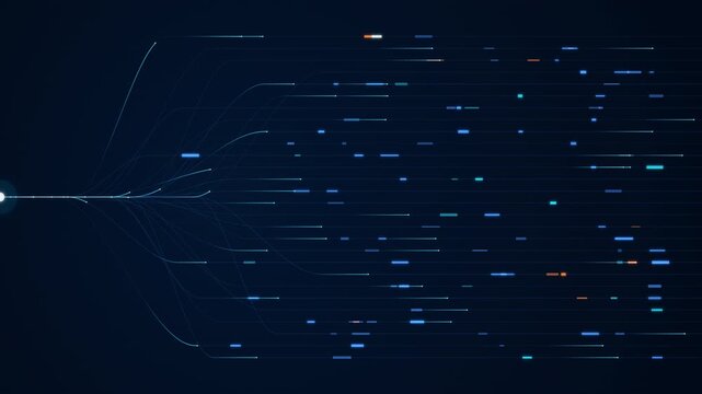 Seamless 4K loop of a single data stream branching out into parallel horizontal lines with glowing geometric nodes. High-tech circuit board and machine learning routing visualization with cyan and ora