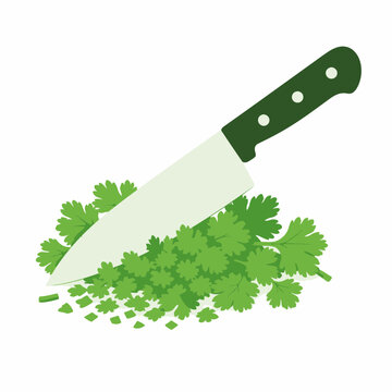 Chef's knife chopping fresh cilantro vector illustration