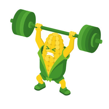Cartoon corn character lifting heavy green barbell overhead