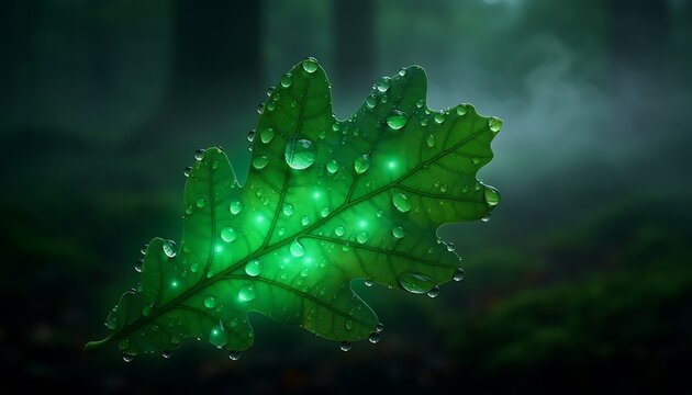 Green leaf with dew drops glowing in darkness