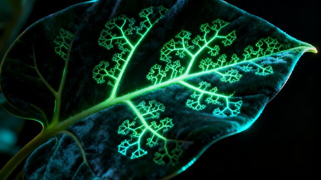 Leaf with glowing vein network pattern