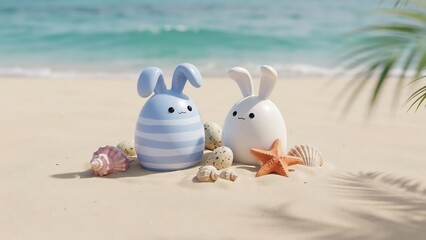 Naklejka premium Two cute easter bunny figurines sitting on a sandy beach with seashells and a starfish near the ocean waves