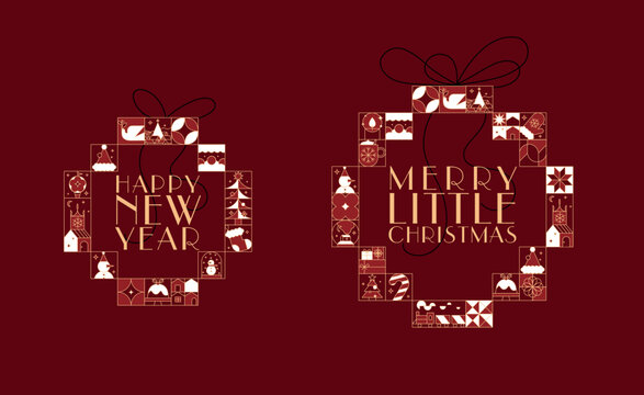 Art deco labels with lettering happy new year and merry little christmas drawing in linear style on red background