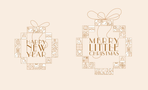 Art deco labels with lettering happy new year and merry little christmas drawing in linear style on beige background