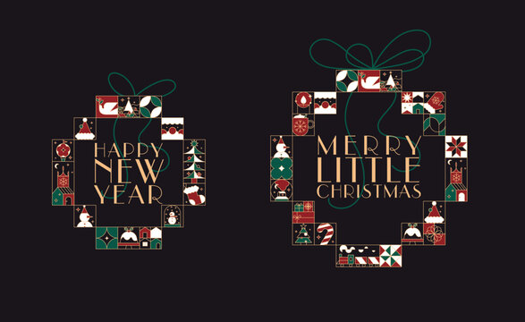 Art deco labels with lettering happy new year and merry little christmas drawing in linear style on black background