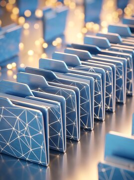 Organized row of blue file folders with glowing geometric network patterns on a desk surface