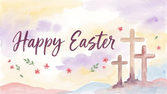 Watercolor background, with three wooden, crosses and flowers, with happy easter, text in a, soft pastel color palette