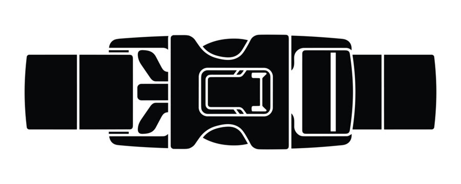 Black plastic side release buckle vector icon for webbing strap fastener safety design.