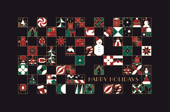 Christmas creative modern postcard with lettering happy holidays art deco in flat line style drawing on black background.