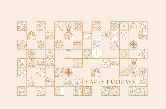 Christmas creative modern postcard with lettering happy holidays art deco in flat line style drawing on beige background.