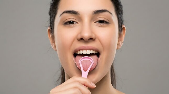 Young woman showing her clean tongue and smiling while holding a pink plastic tongue cleaner scraper