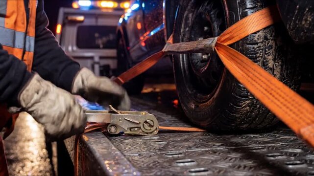 Close-up of a tow truck worker tightening a securing strap around a car wheel on a flatbed during roadside vehicle recovery and transport.