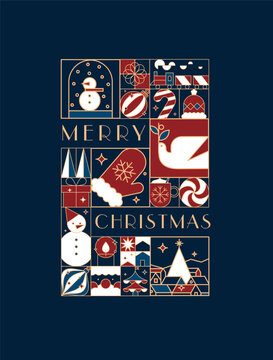 Art deco poster with lettering merry christmas in flat line style drawing on blue background.