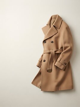 Light beige trench coat hanging on plain light background