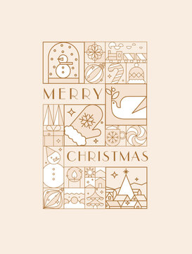 Art deco poster with lettering merry christmas in flat line style drawing on beige background.
