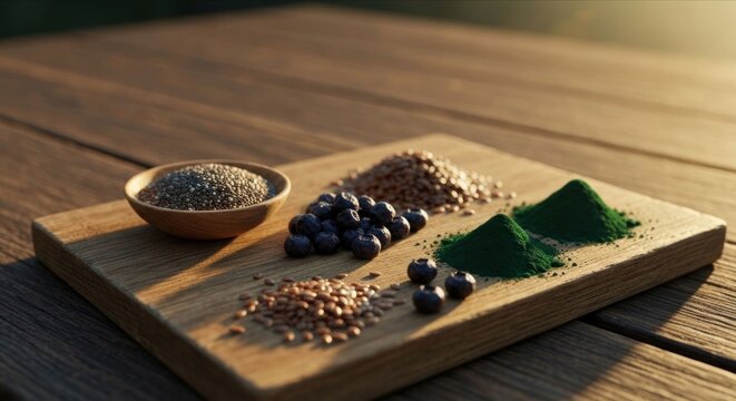 Wooden board holds chia seeds, flax seeds, blueberries, and spirulina powder, bathed in warm sunlight