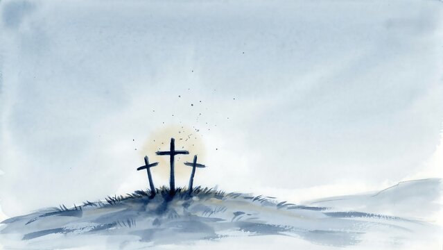 Watercolor painting of three wooden crosses on a hilltop against a soft blue sky for easter sunday religious observance