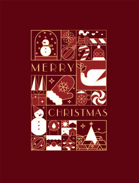 Art deco poster with lettering merry christmas in flat line style drawing on red background.