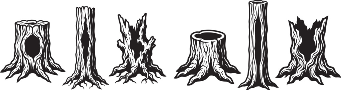 Set of black and white woodcut style tree stumps and trunks for forest themes with tree stump tree trunk graphic design forest theme woodland illustration dead tree nature drawing