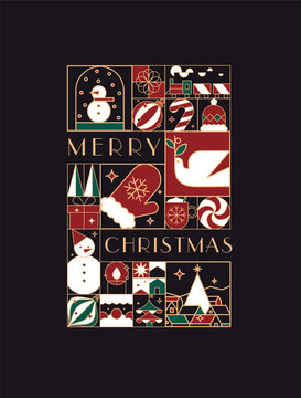 Art deco poster with lettering merry christmas in flat line style drawing on black background.