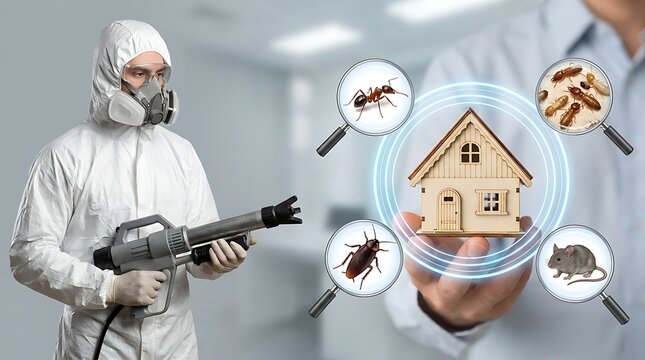 A pest control technician in a white protective suit holding a spray gun next to of household pests exterminator