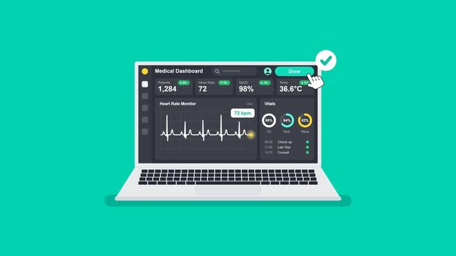 Flat design laptop with a healthcare dashboard on the screen. A hand cursor clicks the Check Up button, patient and vital numbers count up, an ECG heartbeat line draws itself, the vitals rings fill an
