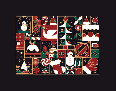 Christmas poster art deco in flat line style drawing on black background.