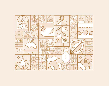 Christmas poster art deco in flat line style drawing on beige background.