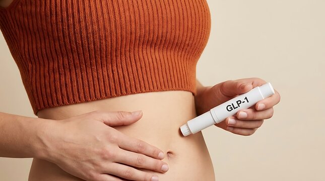 Woman in orange holding glp-1 weight loss injection pen near her abdomen in studio setting diabetes medication