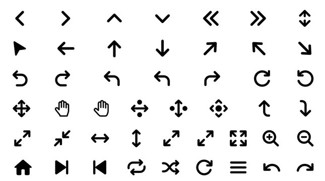 Black Arrow and Navigation Icons Set with Chevrons, Directional Arrows, Undo Redo, Refresh, Zoom, Home and Media Controls