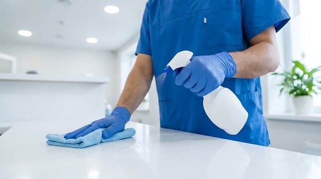 Healthcare worker wearing blue uniform and protective gloves wiping white counter surface with cloth in clinic room