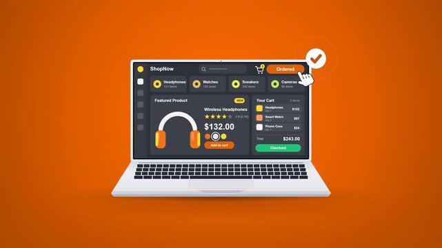 Flat design laptop showing an online store. A hand cursor clicks the Buy Now button, product categories appear, a featured headphones product shows with rating and price, items are added to the cart o