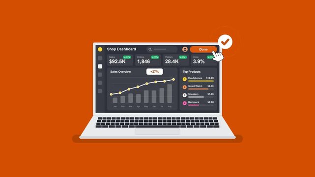 Flat design laptop with an online shop dashboard on the screen. A hand cursor clicks the Sync button, sales and order numbers count up, a combo bar and line chart draws itself, top product bars fill a