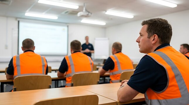 Group of male workers wearing visibility orange vests attending safety training seminar in classroom