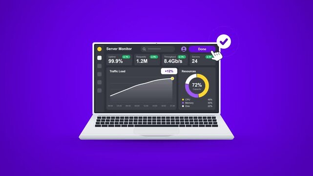 Flat design laptop with a server monitoring dashboard on the screen. A hand cursor clicks the Load Data button, uptime and request counters count up, a traffic load chart draws itself, a resources don