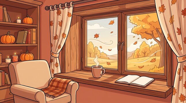 Cozy autumn window scene with hot drink and book illustration