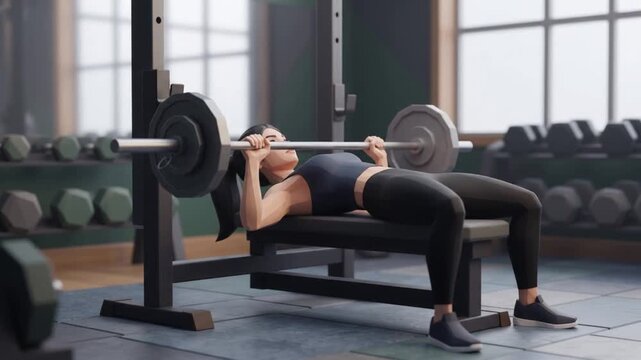 Animated low poly female character lifting weights on bench press for gym promotion, upper body workout guide, and wellness animation