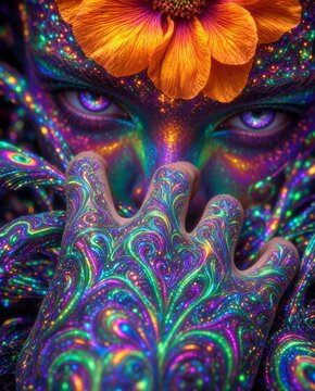 Ritratto surreale e psichedelico con pelle luminescente al neon e fiore arancione