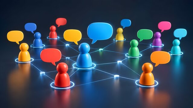 Global communication network concept with colorful 3d figures connected by glowing lines and speech bubbles representing social media interaction