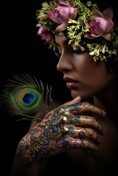Ritratto fantasy di donna con decorazioni metalliche sulla mano, corona di fiori e piuma di pavone