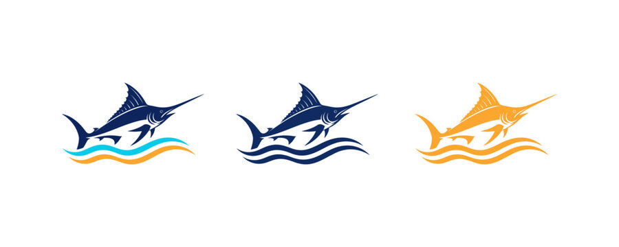 Set of three stylized marlin fish jumping over ocean waves vector icons.