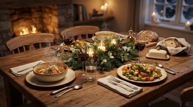 Christmas dinner table with festive food and candles by a warm