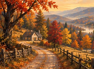 Naklejka premium Autumn Tranquility: A rustic farmhouse nestled amidst rolling hills ablaze with the vibrant hues of fall foliage, a winding dirt road leading the eye toward a serene lake in the distance.