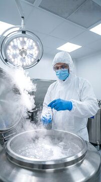 Technician wearing protective suit, mask, and goggles handling a cryogenic sample container in a cold storage facility