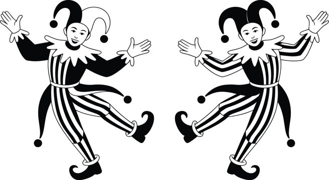 Vintage style vector illustration of two cheerful jesters or clowns performing a joyful dance in black and white