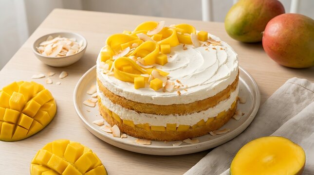 Fresh mango layer cake with whipped cream frosting on a wooden table with sliced tropical fruit. Mango cake recipe
