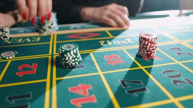 Close view of a poker player holding chips at the gambling table. Card club, stake and night game