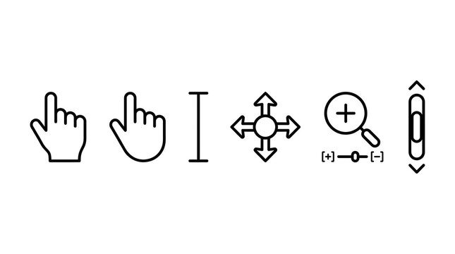 Black Line Cursor Icons Set with Pointing Hands, Text I-Beam, Move Arrows, Zoom Slider and Vertical Scroll Bar